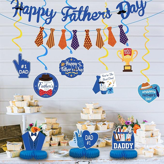Father's Day Party Decorations Supplies - NO DIY- Father's Day Decorations Set Include 6pcs Hanging Swirls & 2pcs Happy Father's Day Garland Banners & 3pcs Honeycomb Centerpiece for Father's Day Party