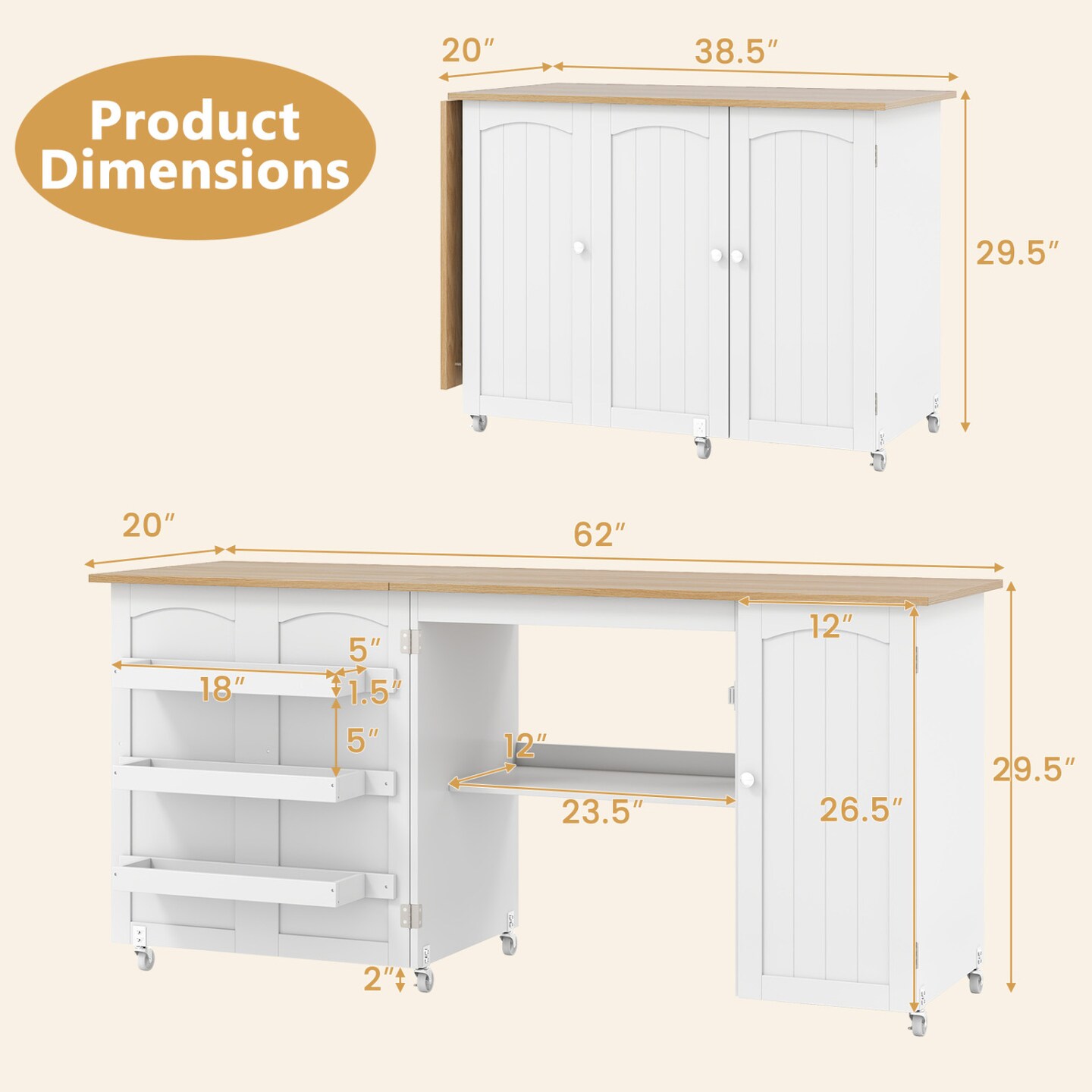 Multi Functional Foldable Sewing Table with Storage Cabinet and