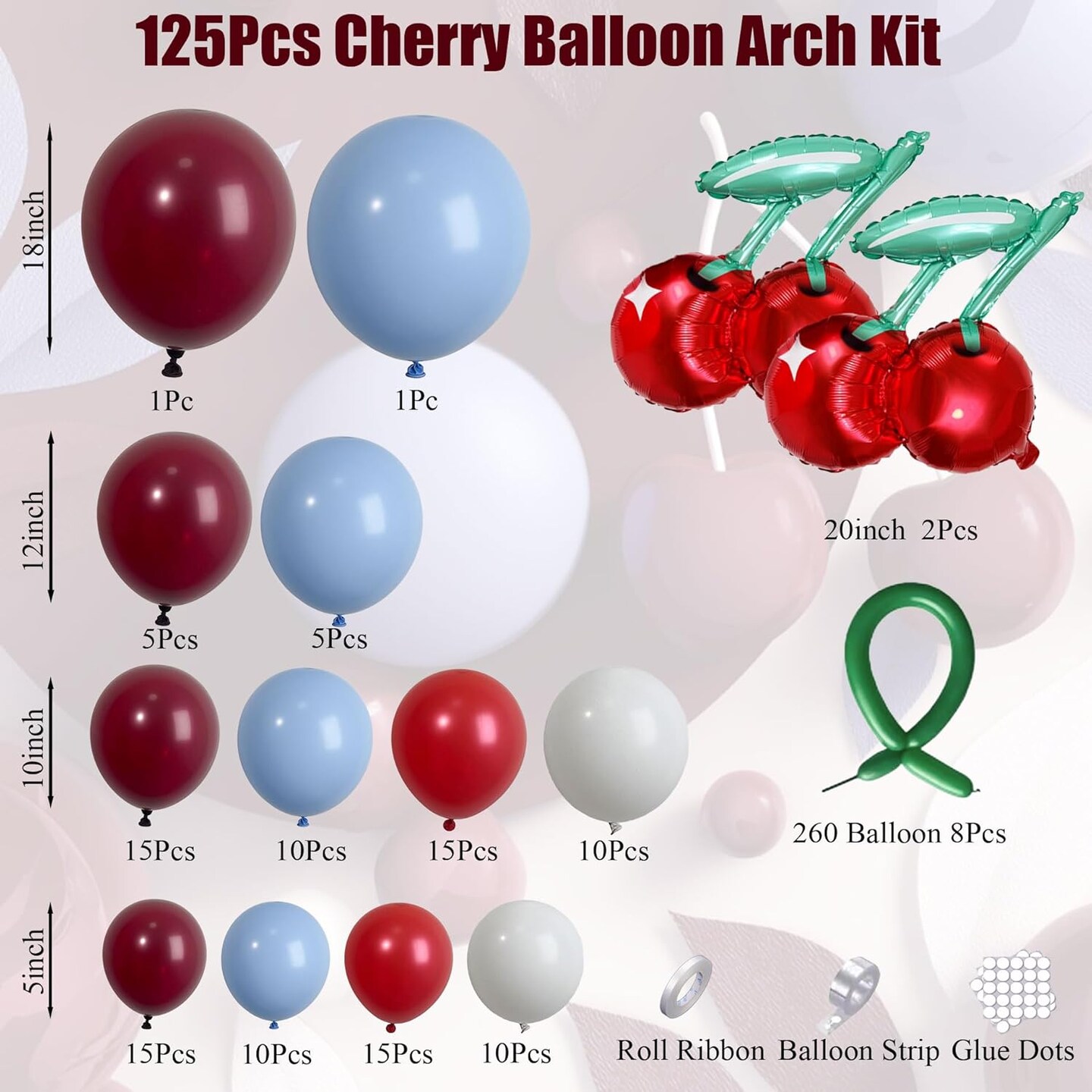 Cherry Balloon Arch Kit, Burgundy Red Blue Balloons with Cherry Foil Long Green Balloons for Berry First Party Fruit Garland Backdrop