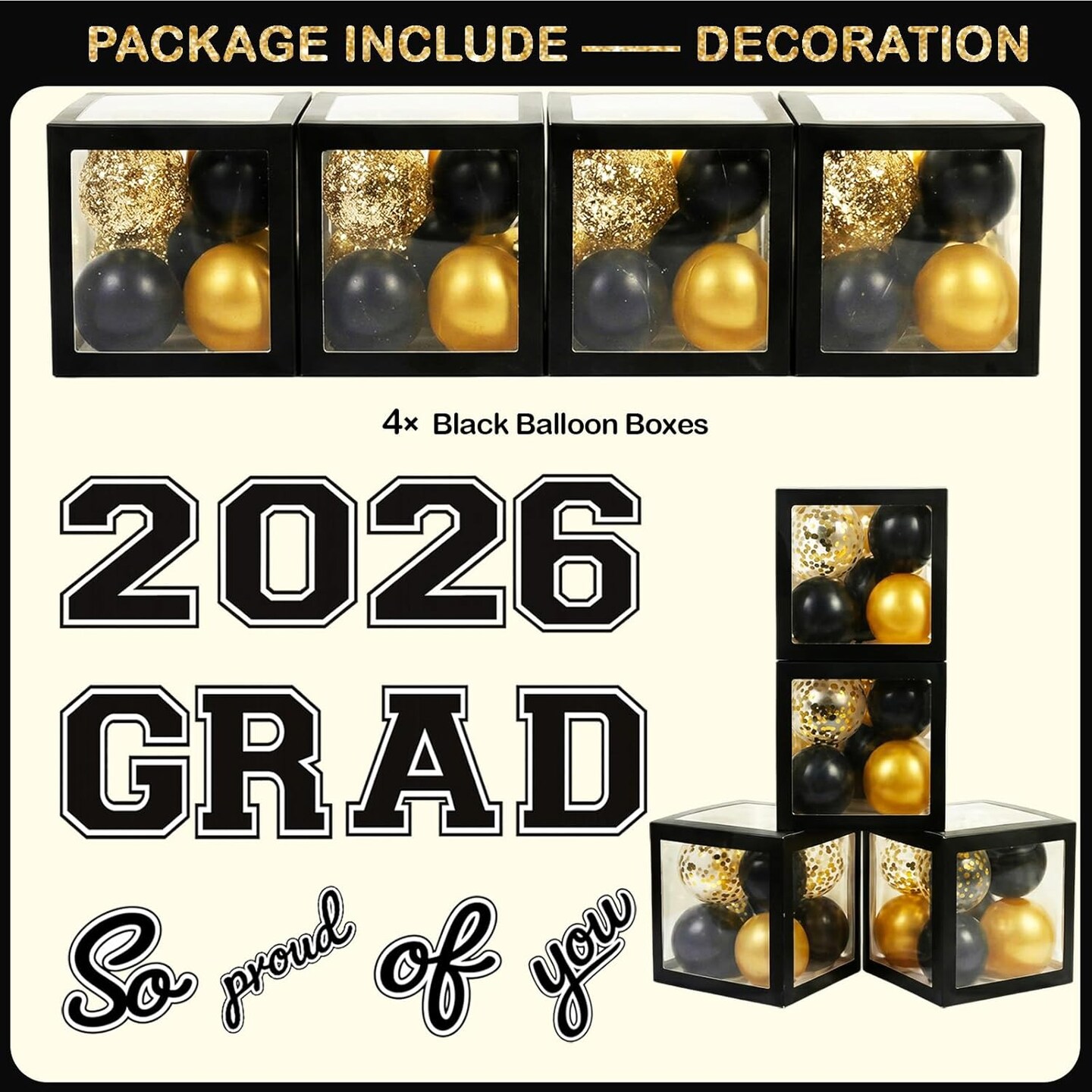 93Pcs Black and Gold Graduation Decorations 2026 - All-in-One Party Kit with 2026 Balloon Boxes, Arch Garland, Fringe Curtains & Tablecloth - Class of 2026 Party Supplies for College and High School