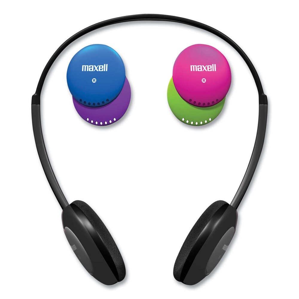 Maxell 4 ft. Cord Kids Safe Headphones with Inline Microphone - Black with Interchangeable Pink/Blue/Silver Caps