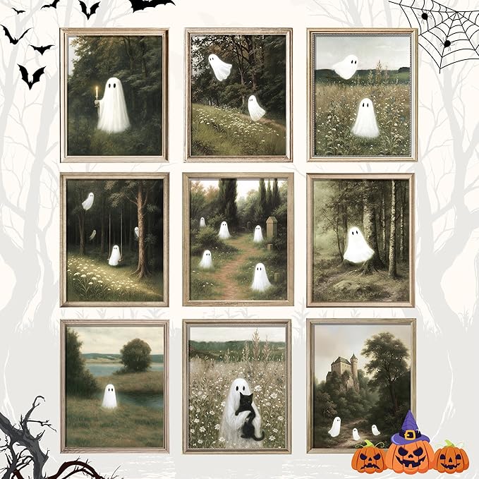 97 Decor Cute Ghost Decor - 9 Pcs Vintage Halloween Wall Art Prints, Ghost Pictures Wall Decors, Spooky Poster Haunted Forest Painting, Gothic Halloween Decorations Indoor For Home (8x10 Unframed)
