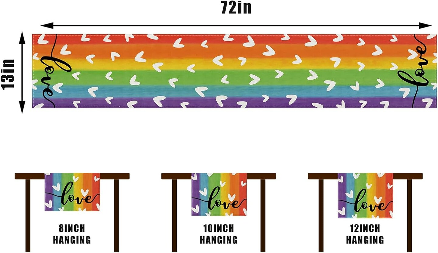 Pride Table Runner Rainbow Tablecloth Pride Day Rainbow Stripe LGBT Love is Love Decorations and Supplies for Home Kitchen Table-13×72''