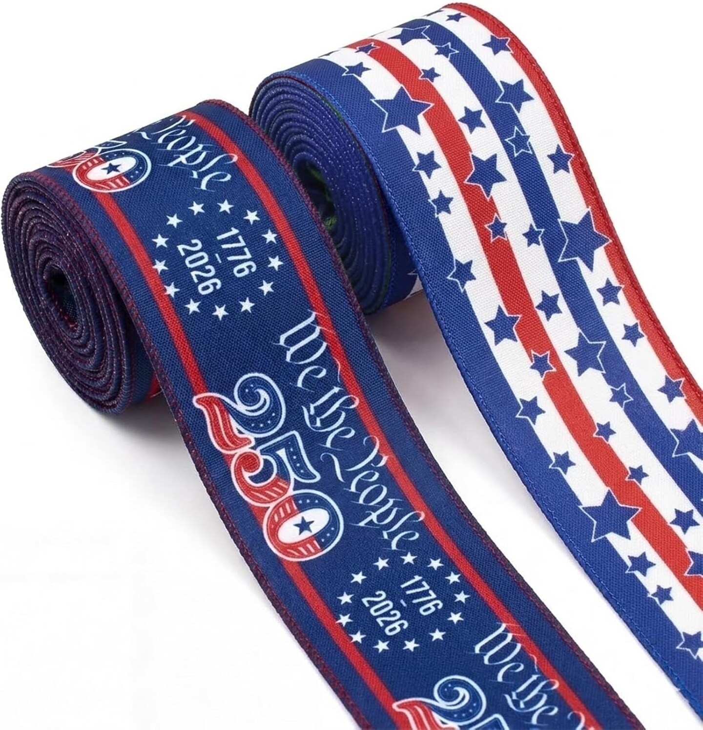 2 Rolls USA 250th Anniversary Patriotic Wired Burlap Ribbon – 2.5" x 10 Yards Red White & Blue Star Stripe Fabric Ribbon for Independence Day, Gift Wrapping, Wreaths & Party Decorations