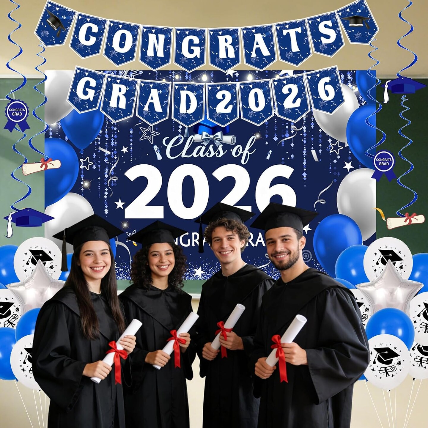 Class of 2026 Graduation Party Decorations – Navy Blue & Silver Balloon Kit, Banner, Streamers & Backdrop for High School, College & Grad Celebration