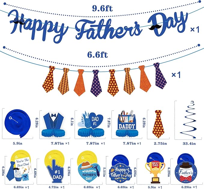 Father's Day Party Decorations Supplies - NO DIY- Father's Day Decorations Set Include 6pcs Hanging Swirls & 2pcs Happy Father's Day Garland Banners & 3pcs Honeycomb Centerpiece for Father's Day Party