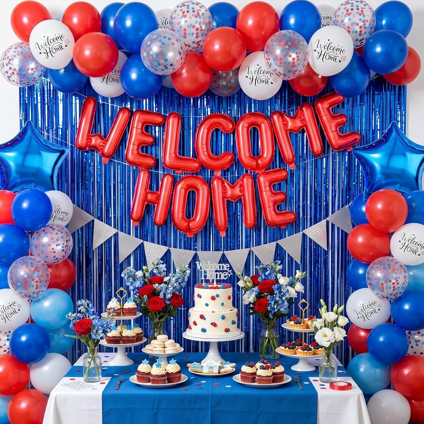 Blue Red White Welcome Home Decorations Kit – Balloons, Banner, Fringe Curtain & Cake Topper for Patriotic 4th of July, Military Homecoming & Family Welcome Party Supplies