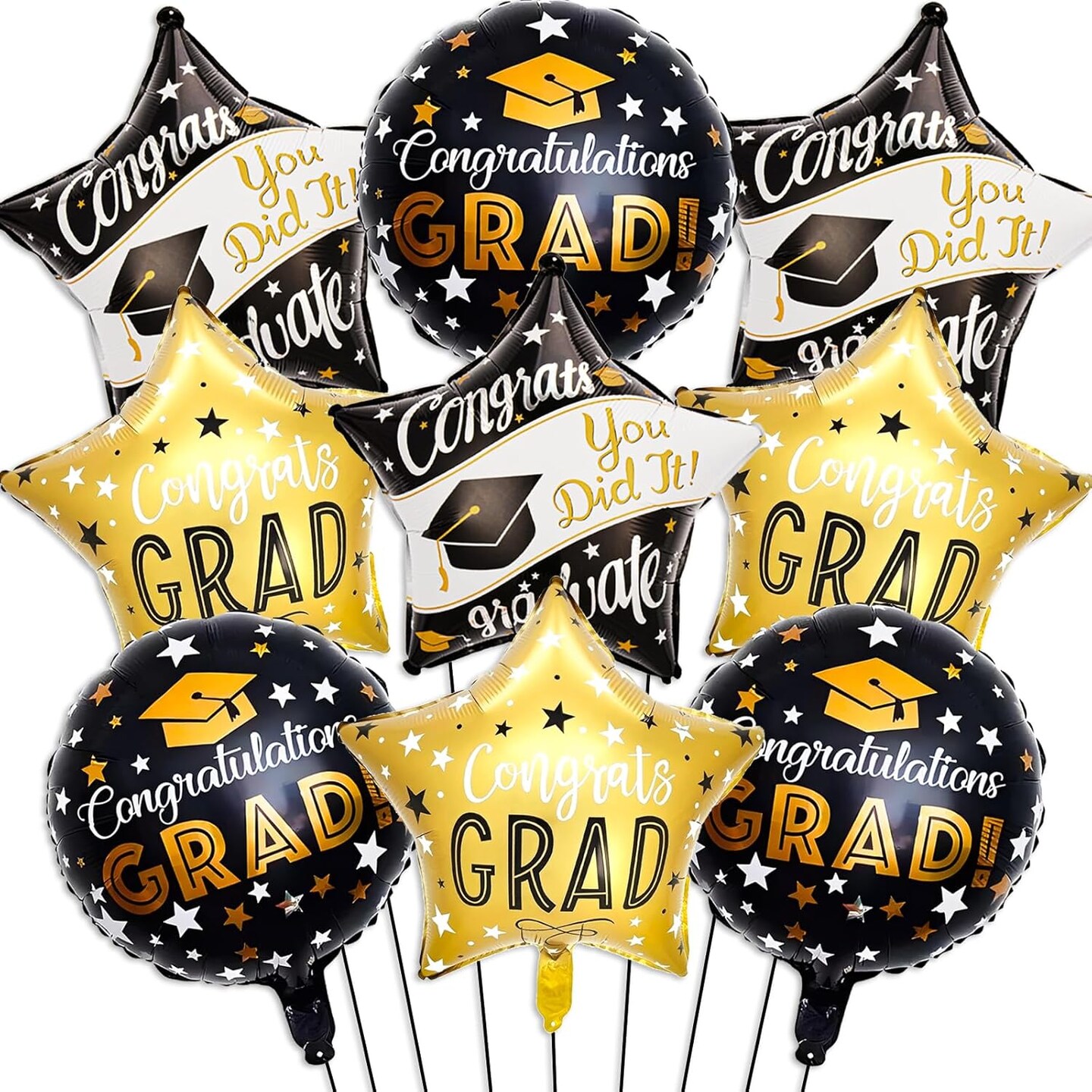 9 Pcs Black and Gold Graduation Foil Balloons - 18 Inch Star & Round Mylar Balloons for Class of 2026 - High School, College, and Preschool Congrats Grad Party Decorations