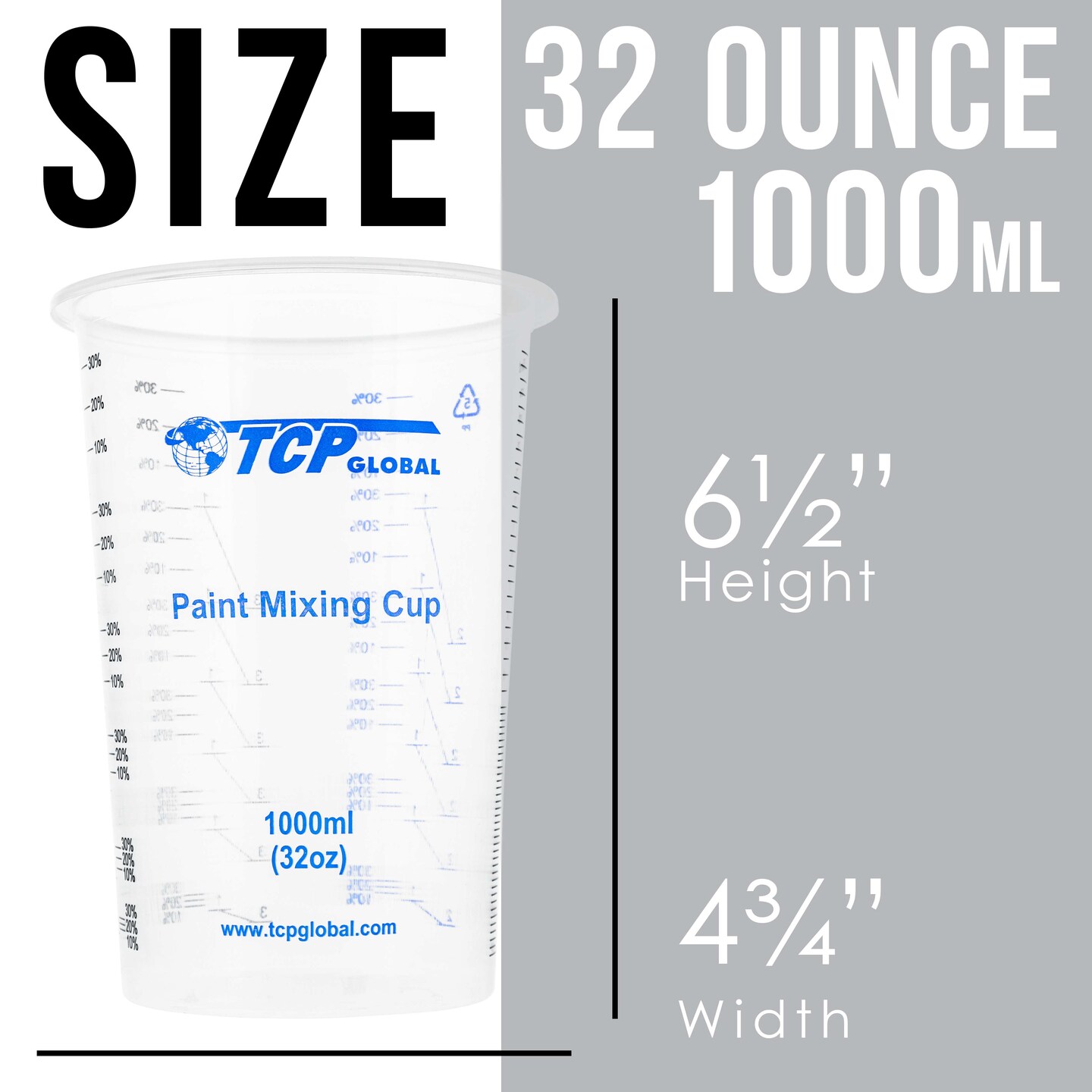 32 oz. (1000ml) Graduated Plastic Mixing Cups (Box of 50) - Disposable Plastic Measuring Cups for Liquids, Paints, Resin, Epoxy, Art, Kitchen - Ratios 2-1, 3-1, 4-1 ML