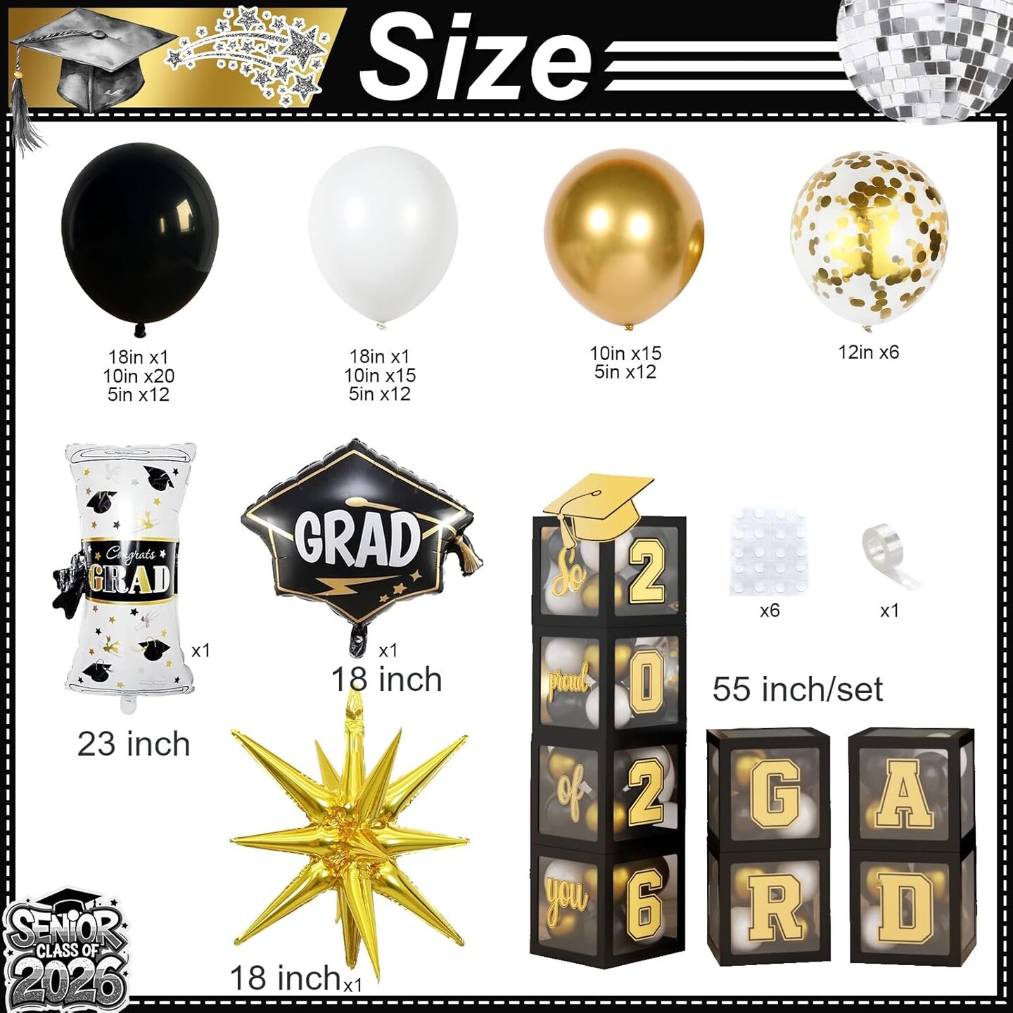 Gold & Black Graduation Balloon Arch & Box Set 2026 – 85-Piece Congrats Grad Decorations with Foil & Latex Balloons, Graduation Cap, Diploma, Star Balloons for High School, College, and PhD Party