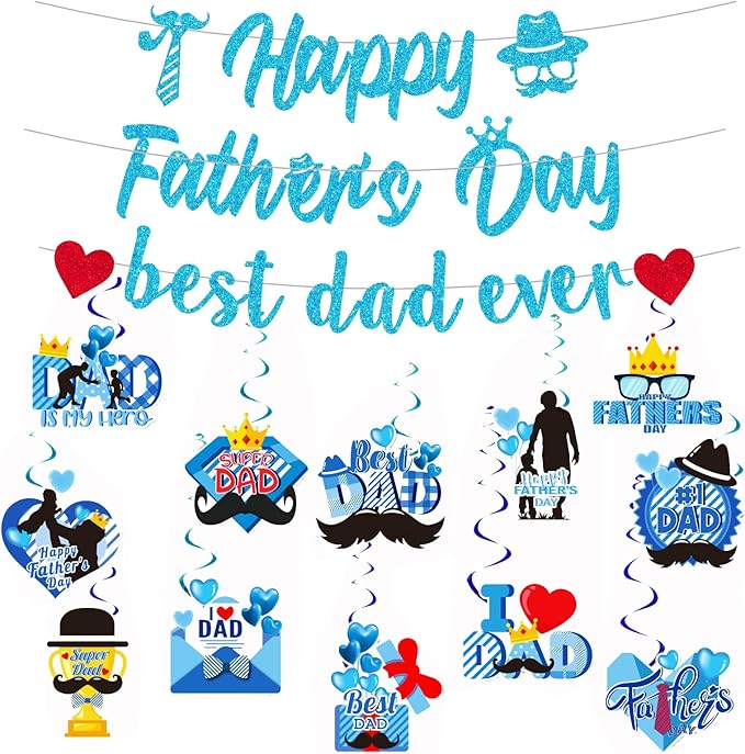 Happy Fathers Day Party Decorations Happy Fathers Day Party Banner Best Dad Ever Banner Hanging Swirls for Father's Day Party Supplies, Blue