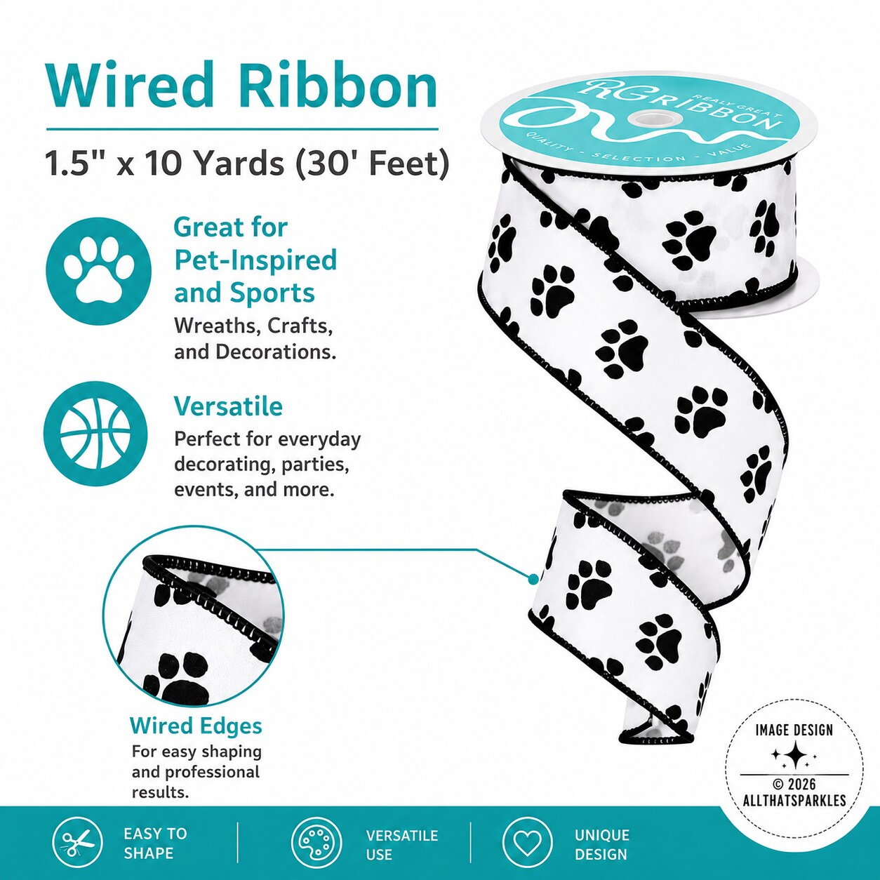 Paw Print 1.5" Inch Wired Ribbon, 30' Feet - White, Black - For Bows and Wreaths