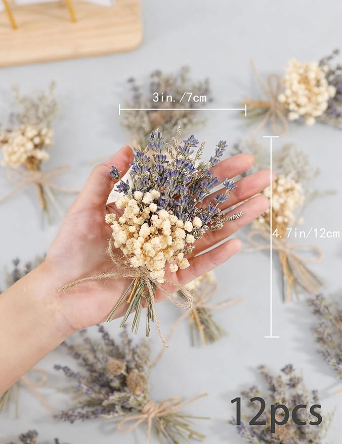 12pcs Lavender Bouquet, Mini Dried Flower Bouquet, Natural Lavender, Groom & Best Man Corsage, 4.5 Inches