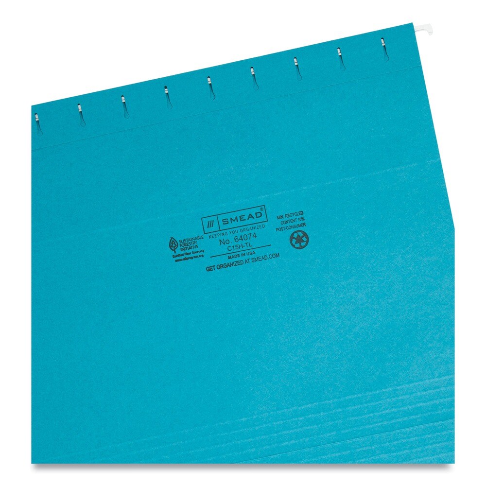 Smead Letter Size 1/5-Cut Tabs Colored Hanging File Folders - Teal (25/Box)