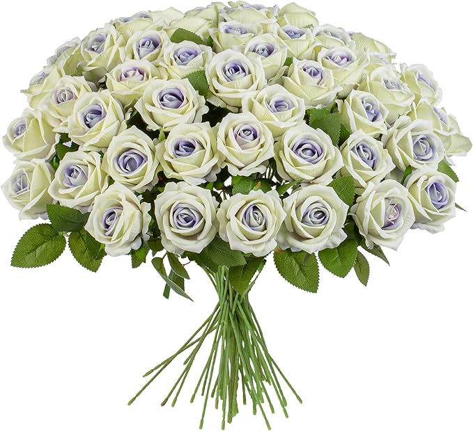 Artificial Flowers Roses Touch Fake Rose Bouquet Flower Stem for Wedding Centerpieces DIY Wreath Home Decorations Silk Roses Mothers Party Fake Outdoor Flowers Decor (Purple Heart 50PCS)