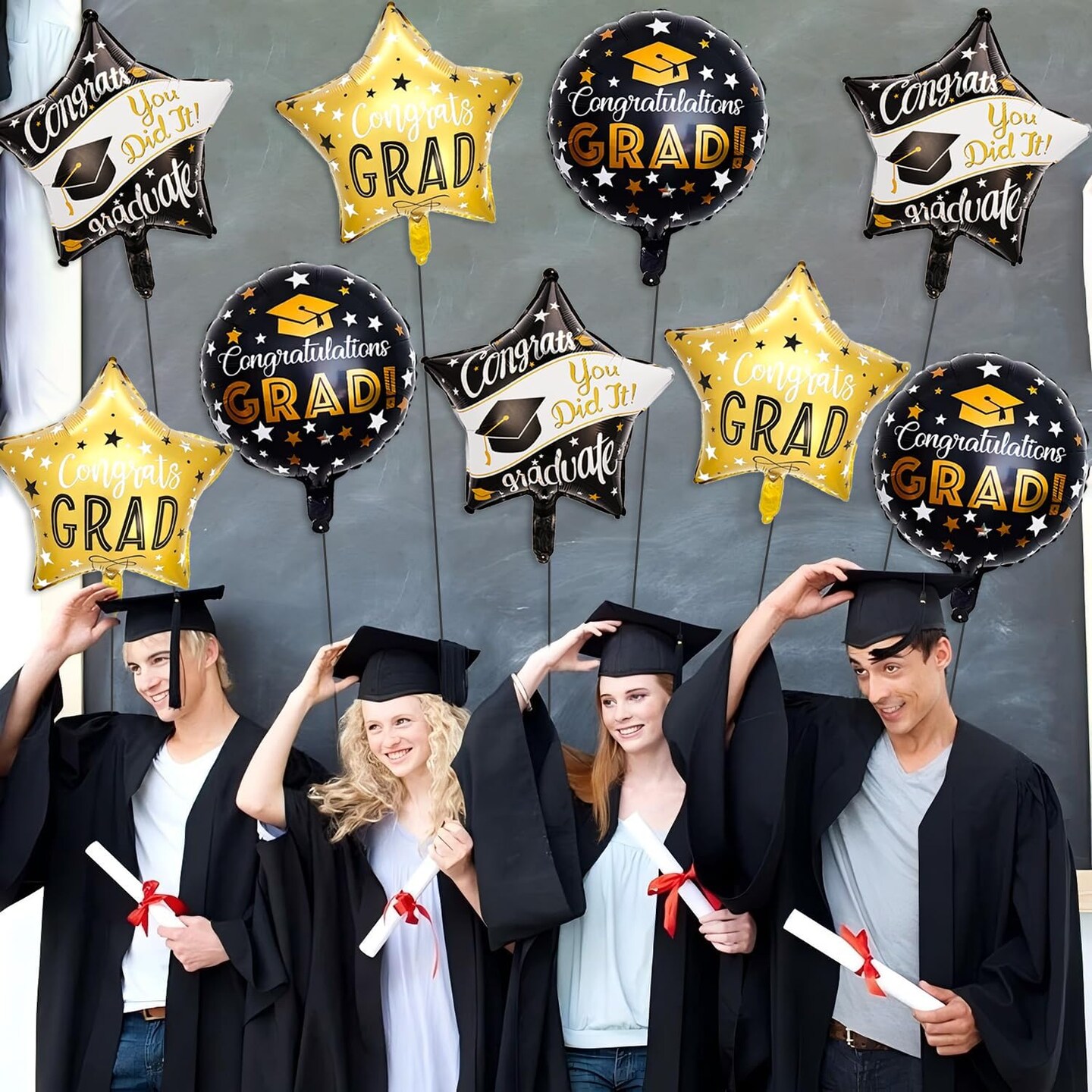 9 Pcs Black and Gold Graduation Foil Balloons - 18 Inch Star & Round Mylar Balloons for Class of 2026 - High School, College, and Preschool Congrats Grad Party Decorations