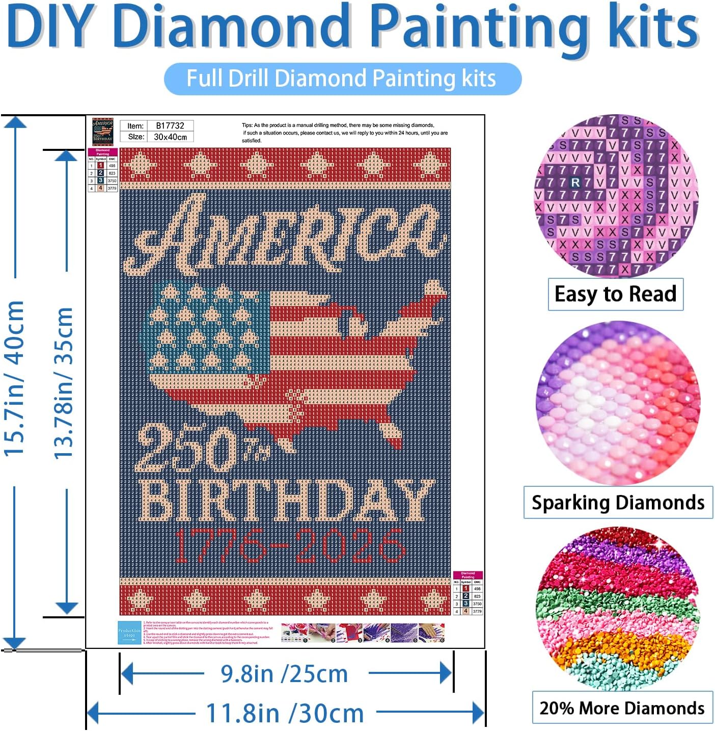 American 250th Birthday 5D Diamond Painting Kit for Adults 12x16 Inch Full Round Drill DIY American Flag Gem Art Wall Decor Patriotic Craft Set