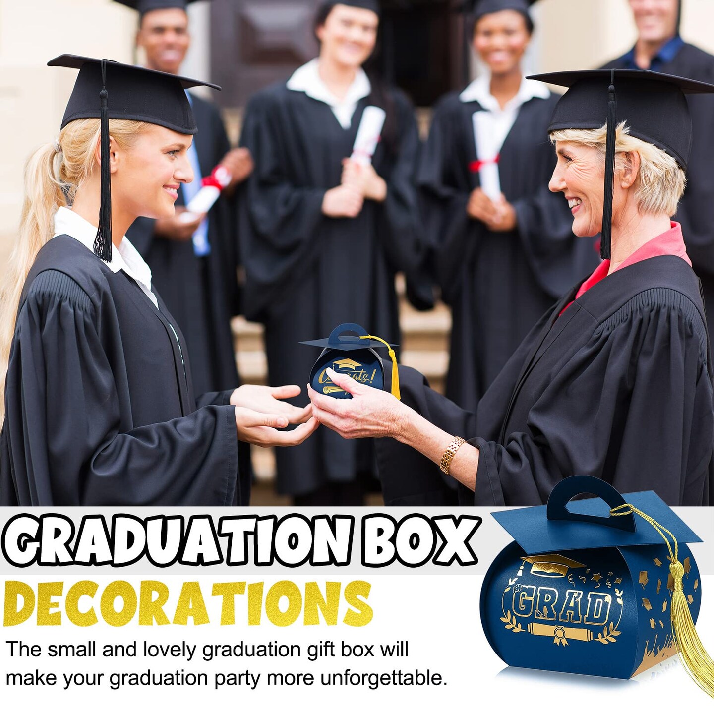 30 Pcs Graduation Cap Gift Box Graduation Party Favors Candy Boxes Treat Box with Tassel Table Centerpieces Class of 2026 Grad Decorations(Blue, Gold)