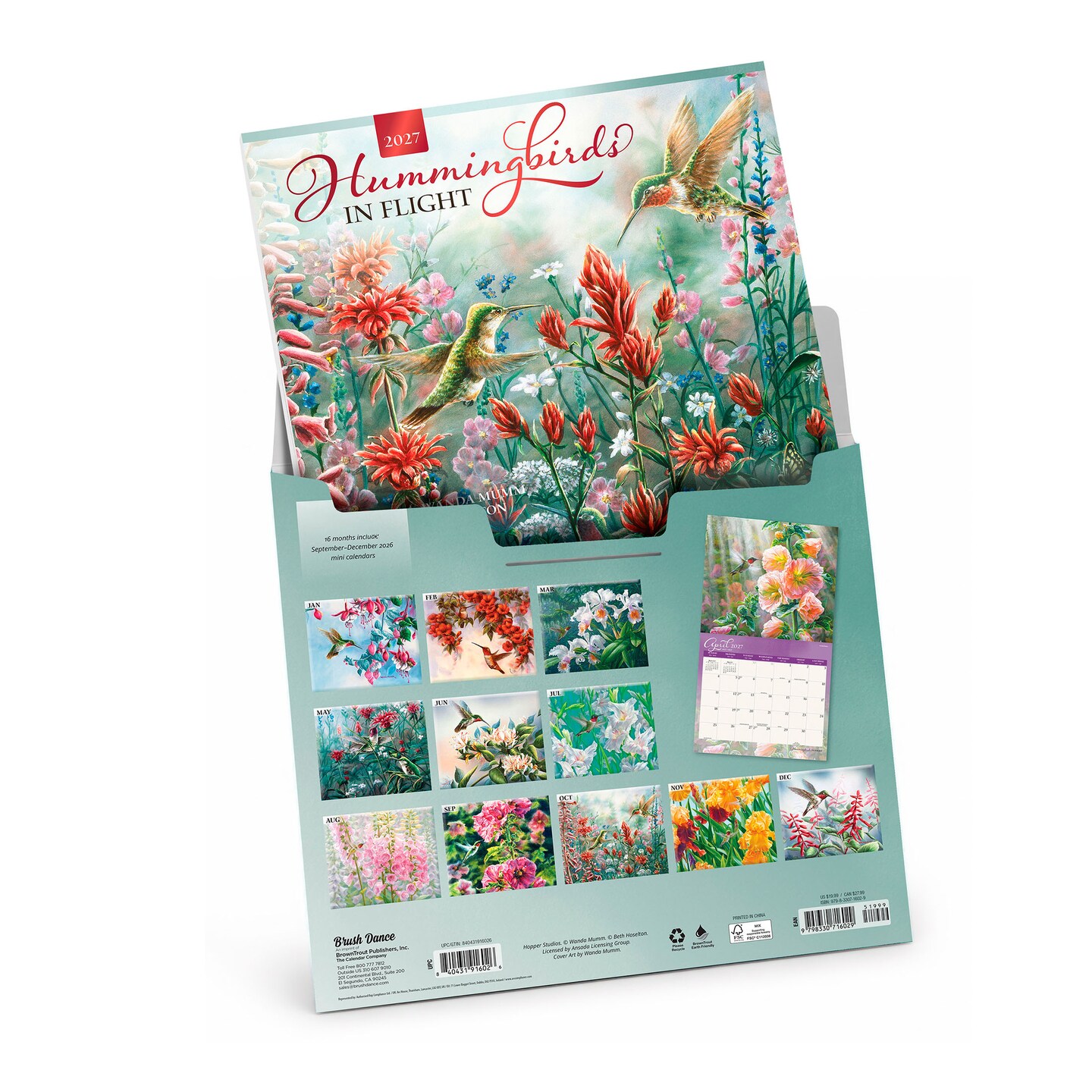 Hummingbirds | 2027 13.75 x 24 Inch (Hanging) Monthly Deluxe Wall Calendar | Featuring the Artwork of Wanda Mumm and Beth Hoselton | Linen Envelope | Foil Stamped Cover
