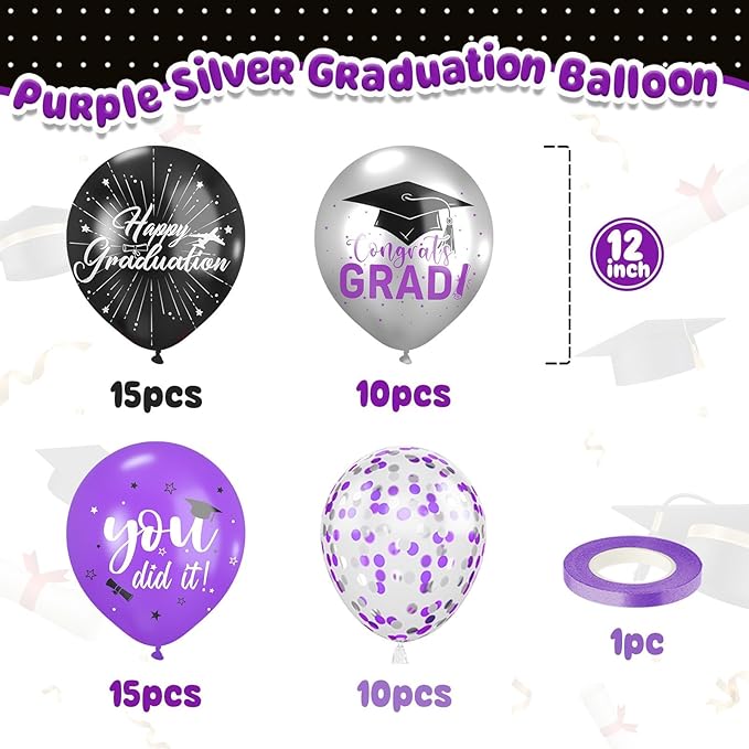 Graduation Balloons Purple,50 Puppliescs 12 Inch Purple Black Silver Graduations 2026 Balloons for University College High School Grad 2026 Graduation Party Supplies