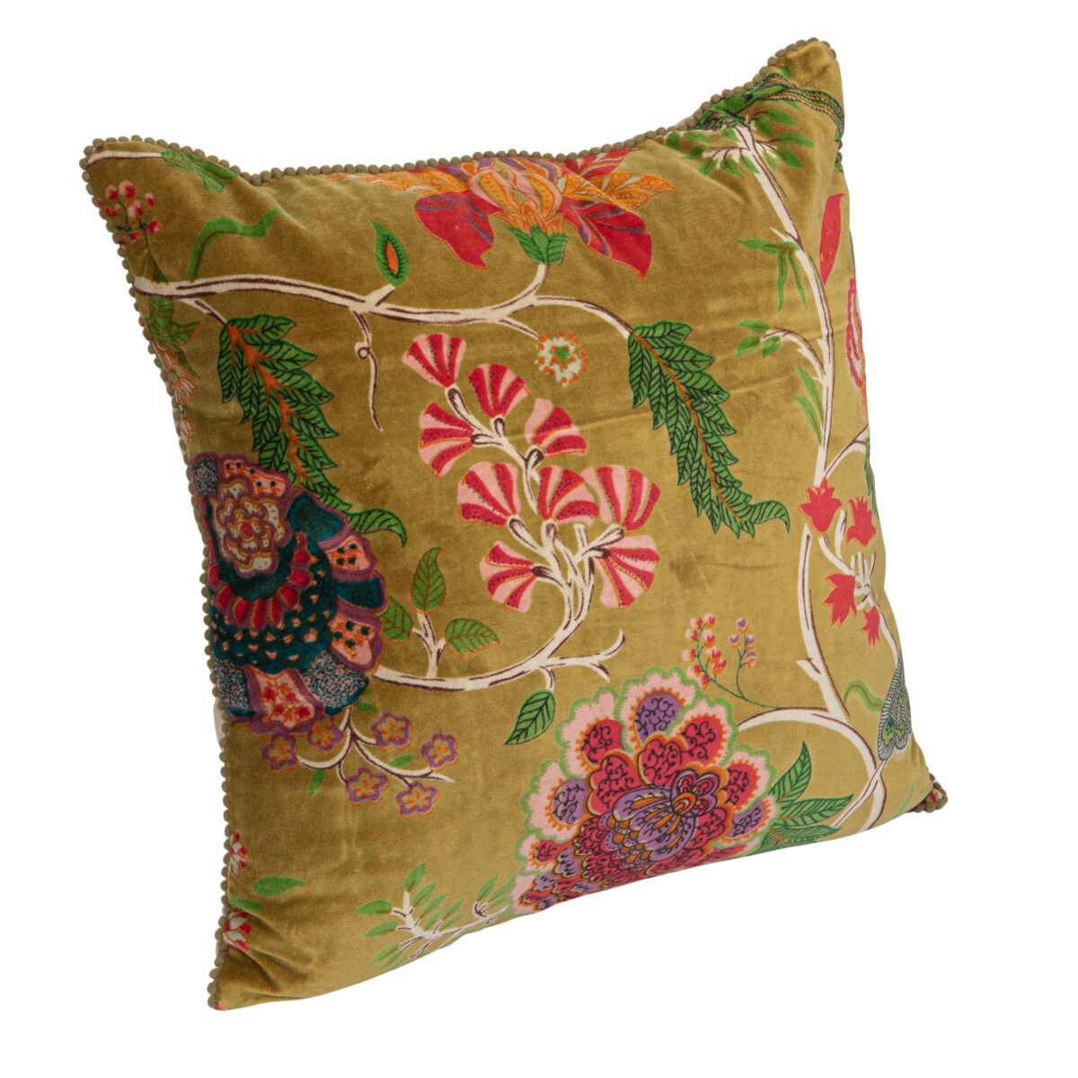 Hello Honey Cotton Blend Velvet Printed Pillow with Flowers and Mini Pom Pom Trim, Multicolor