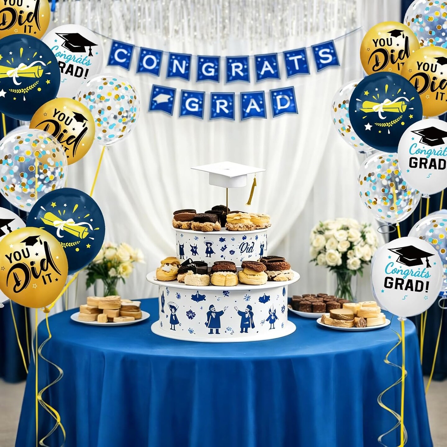 Graduation Decorations 2026 - Graduation Balloons 62pcs 12 Inch Navy Blue Gold White Grad Print Latex Confetti Balloon for College High School Class of 2026 Congrats Grad Party Decor Supplies (Ribbon)