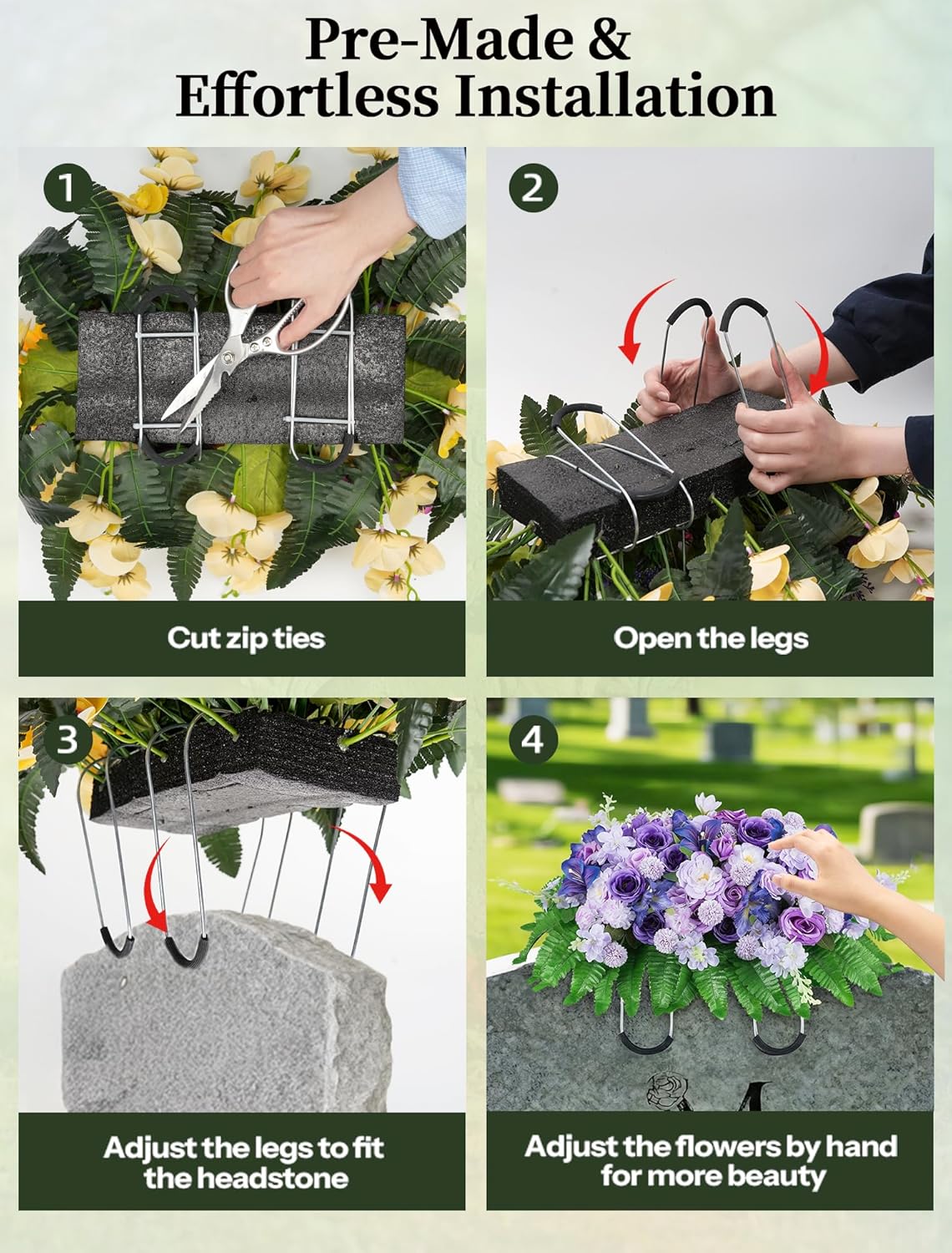 Cemetery Flower Saddle for Headstone - Purple Rose & Camellia Spring Grave Decorations - Large 26.7" Weather Resistant Memorial Flowers for Tombstone - Easter & Memorial Day Tribute