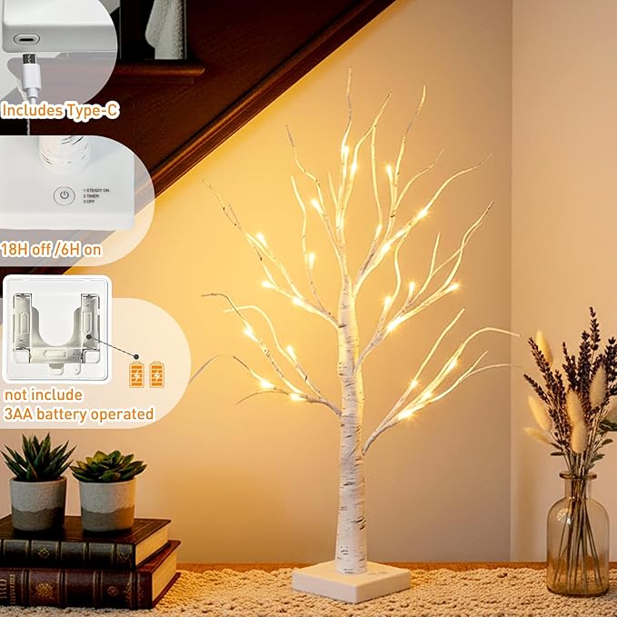 Lighted Birch Tree Home Decor, Christmas Decorations Indoor 2Pack 24 LED Light Up Tabletop Mini Small Artificial White Trees Lamp with Lights Battery Operated/USB for Table Mantel (2FT)