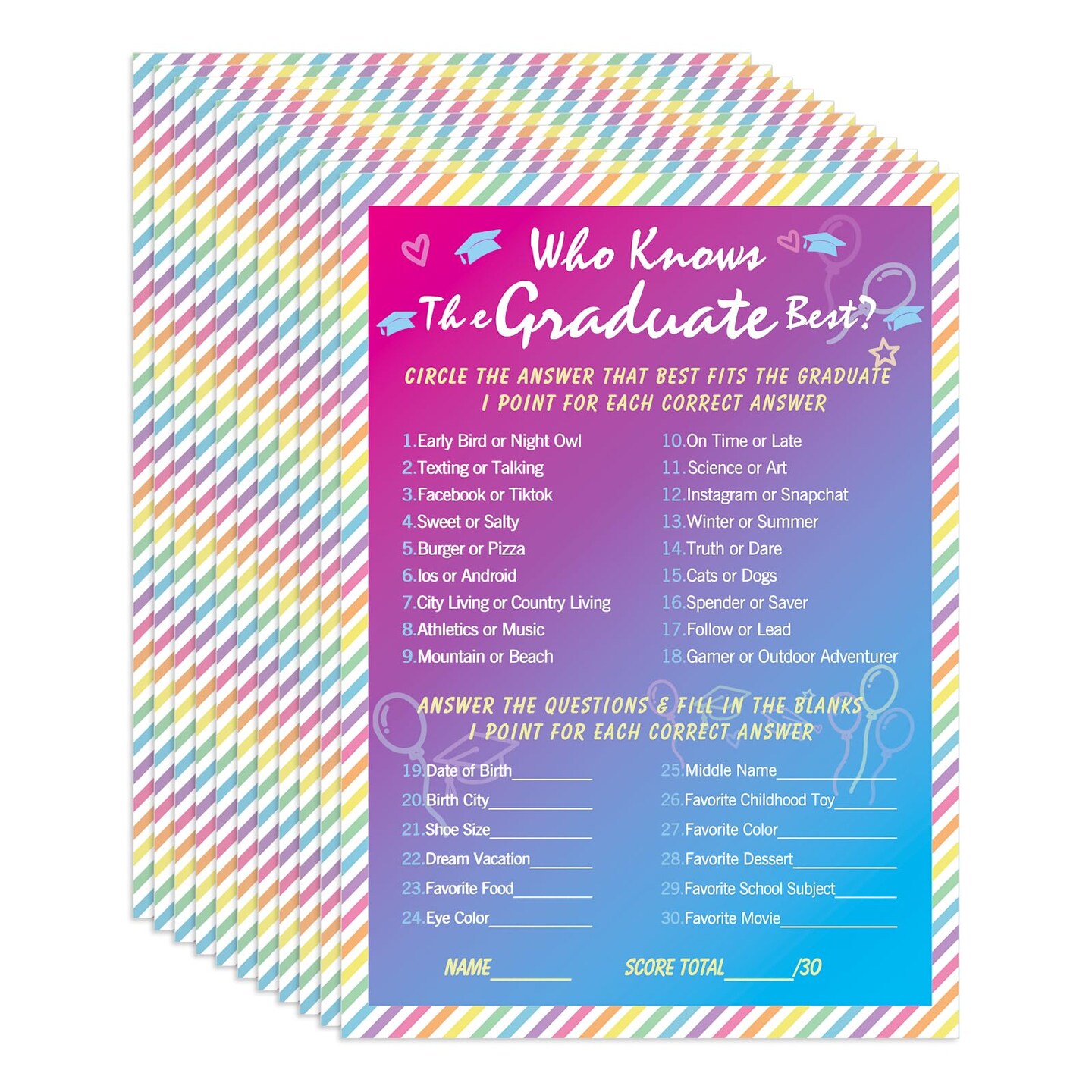 36PCS Who Knows Graduate Best Game Cards - Class of 2026 Graduation Party Games for Guests Funny Graduation Activities for High School & College Grad Parties Rainbow Design Party Supplies