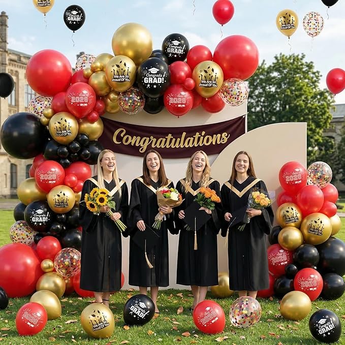 Graduation 2026 Balloons, 12 inch Red Black Gold Graduation Balloons Confetti Balloons for Graduation College High School Class of 2026 Congrats Grad Party Decorations