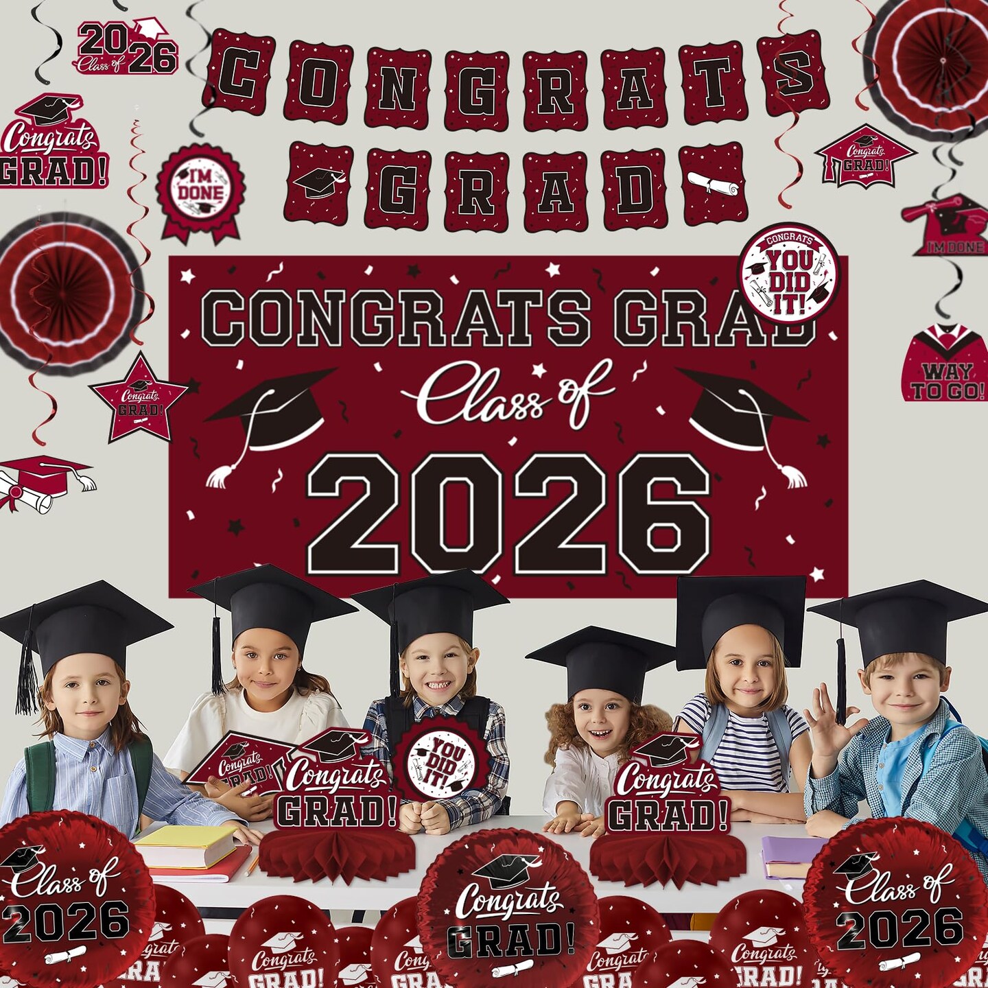 Maroon Themed 2026 Graduation Decorations Set - Congrats Grad Banner, Class of 2026 Backdrop, Balloons & Streamers Kit - Complete Party Supplies for High School & College Celebrations