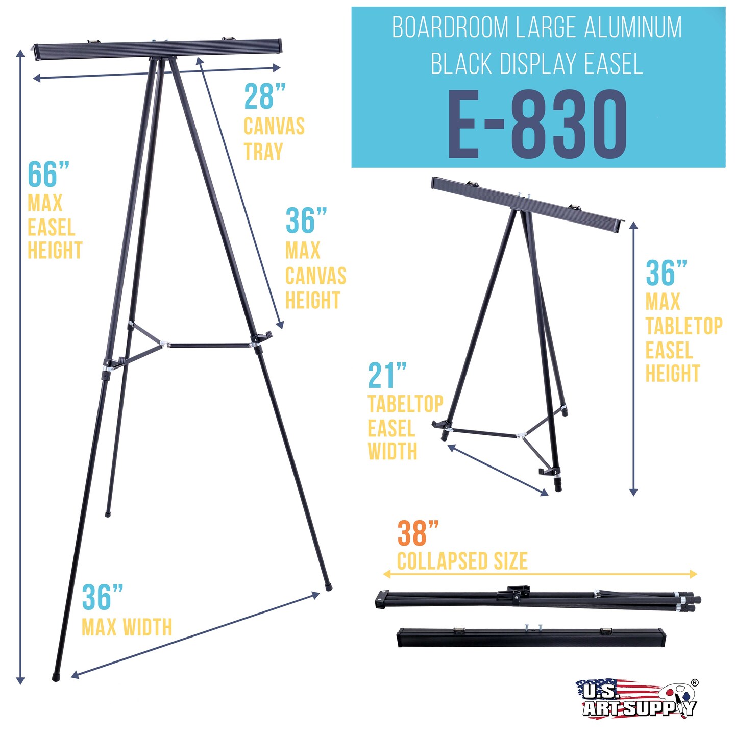 66" High Boardroom Black Aluminum Flip Chart Easel & Presentation Stand - Adjustable Floor/Tabletop, Portable Tripod, Holds 25 lbs., for Chart Paper, Poster Boards, & Pads