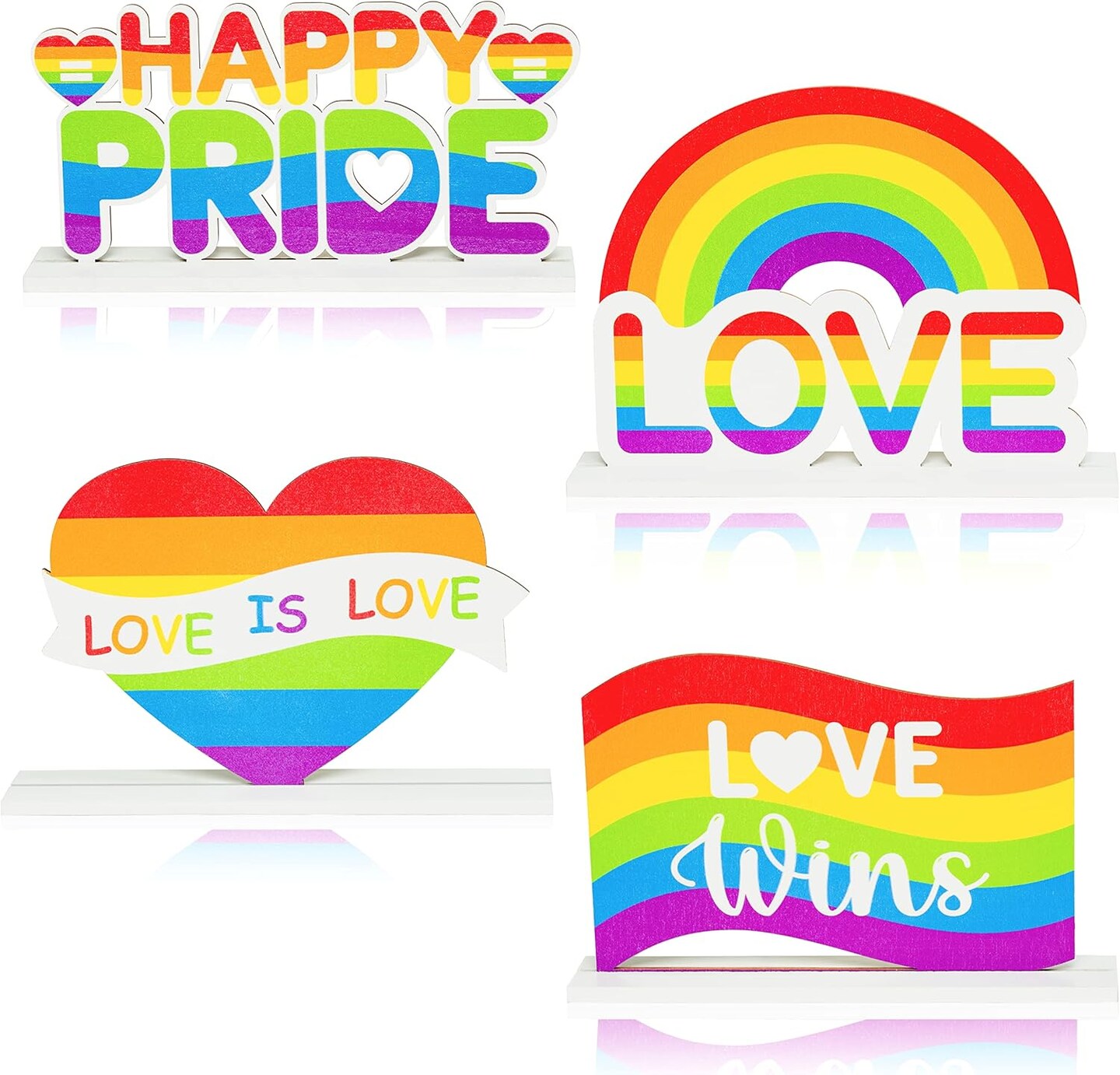 4-Piece Rainbow Pride Wooden Tabletop Centerpiece Set – LGBTQ Love is Love Tiered Tray & Home Party Decorations, Detachable Wood Signs for Pride Month