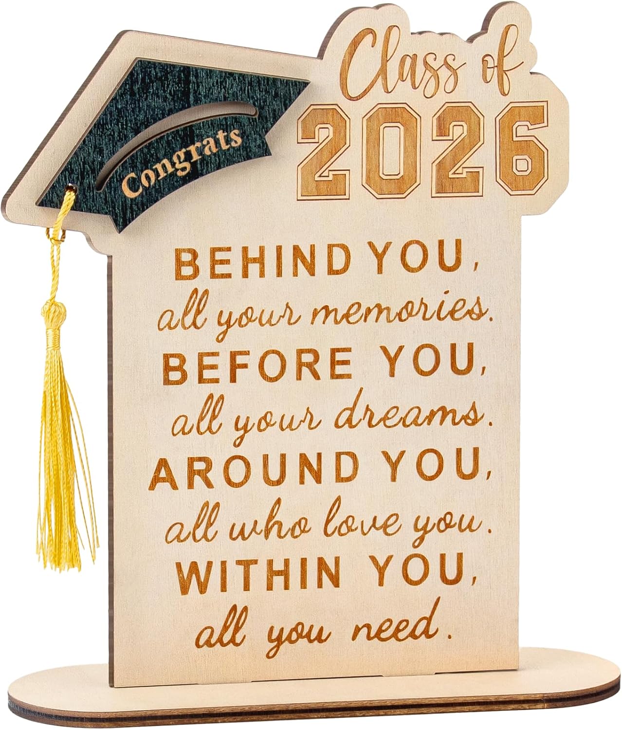 Graduation Decorations, Graduation Gifts for Class of 2026, Graduation Quote Wood Sign Desk Decor, Positive Behind You All Your Memories Wood Plaque with Stand Desk Decoration Grad Gift