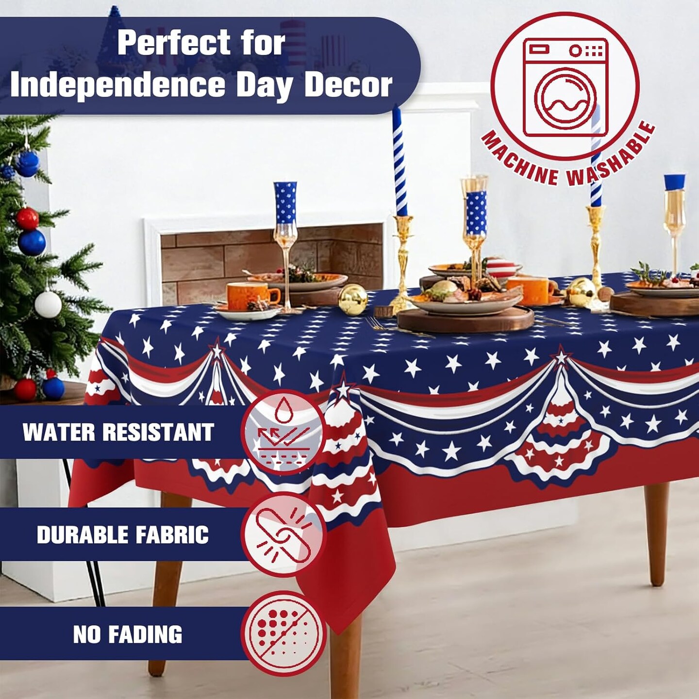 Rectangle 4th of July Patriotic Tablecloth – 60” x 84” Polyester Waterproof Wrinkle-Resistant Red, White & Blue Table Cover for Independence Day, Memorial Day & Holiday Party Decorations