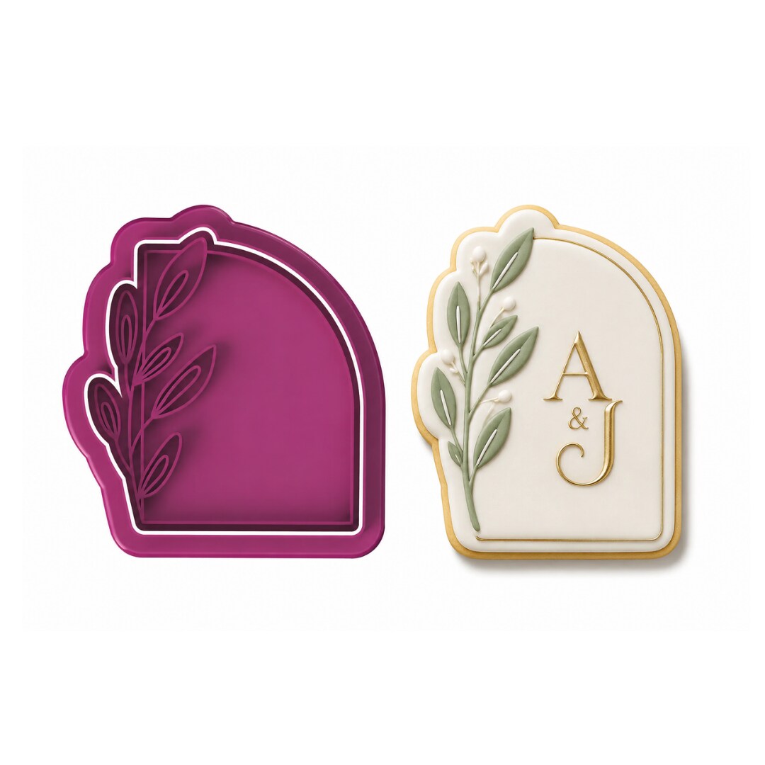 Arched Leaf Plaque Cookie Cutter & Stamp – Elegant Botanical Name Plaque Cutter – Minimalist Fondant Embosser Tool