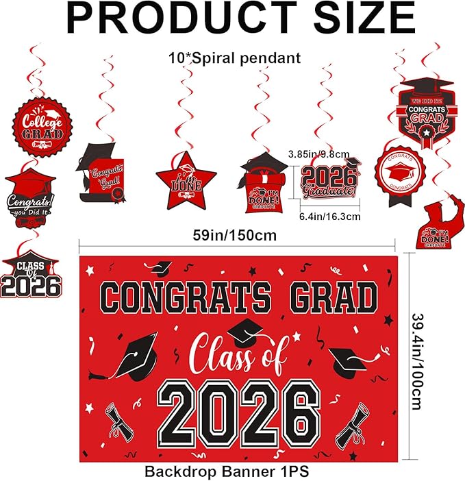 2026 Graduation Decorations Set- Class of 2026 Grad Party Decorations, Congrats Grad Banner, Backdrop, Grad Hanging Swirl, Balloons and Honeycomb Table Toppers, Graduation Party Supplies