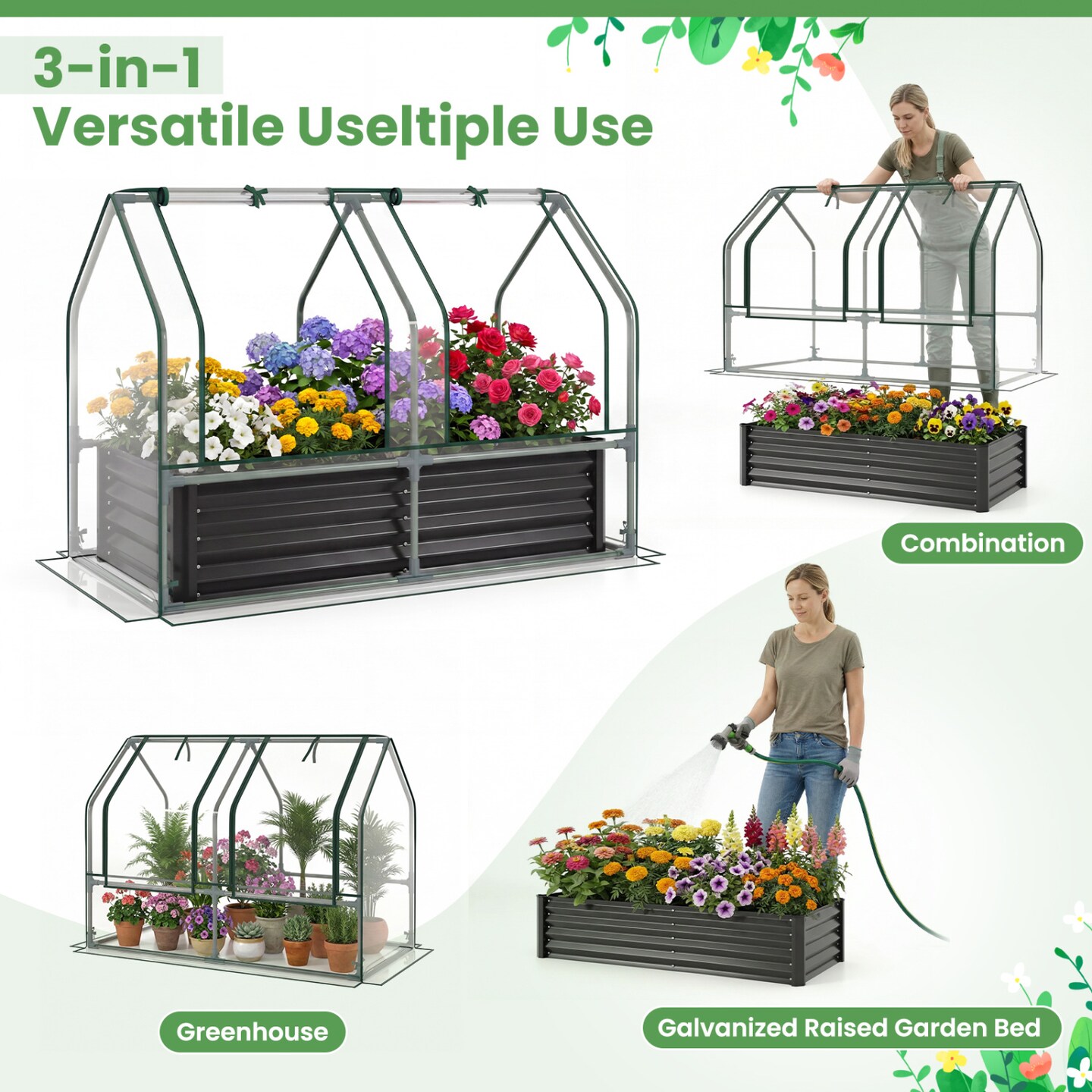Outdoor Raised Planter Box with Greenhouse Cover 51 Inch Metal Garden Bed 57 Gallon Deep Growing Space for Vegetables Herbs Balcony Patio Setup