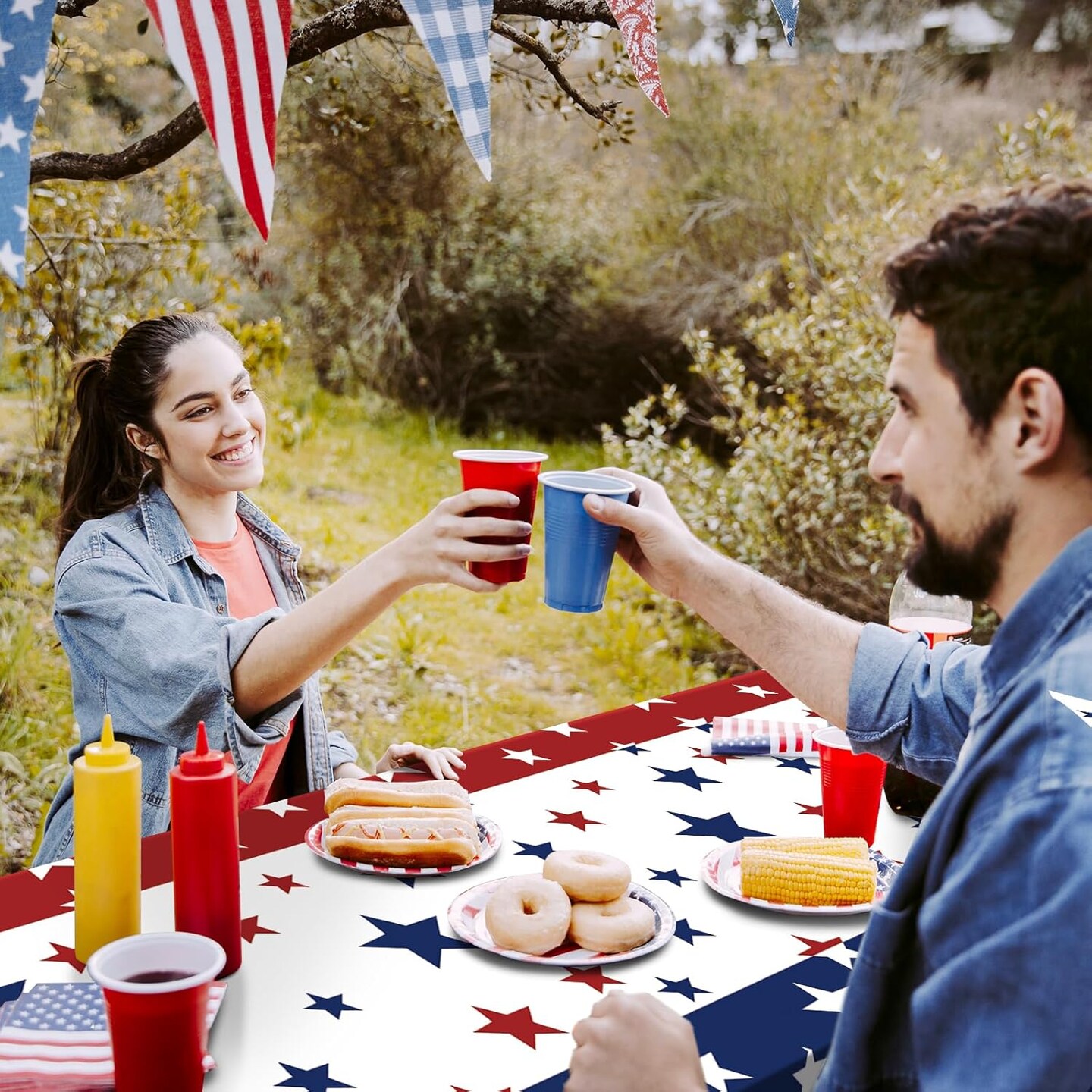 3 Pack Patriotic Plastic Tablecloth – 54 x 108 Inch Red, White & Blue Stars Disposable Rectangle Table Cover for 4th of July, Memorial Day & Independence Day Decorations
