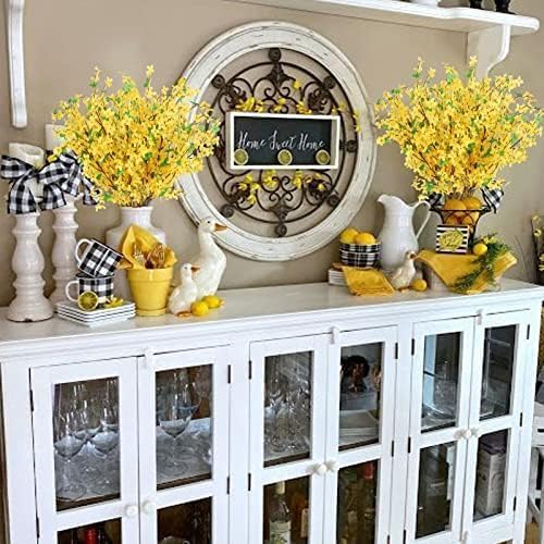 16PCS Artificial Flowers Yellow Silk Forsythia Branches Fake Winter Jasmine Long Stem Artificial Orchids Flowers Forsythia Stems for Home Indoor Outdoor Decor Wedding Party Cemetery (25.5in)