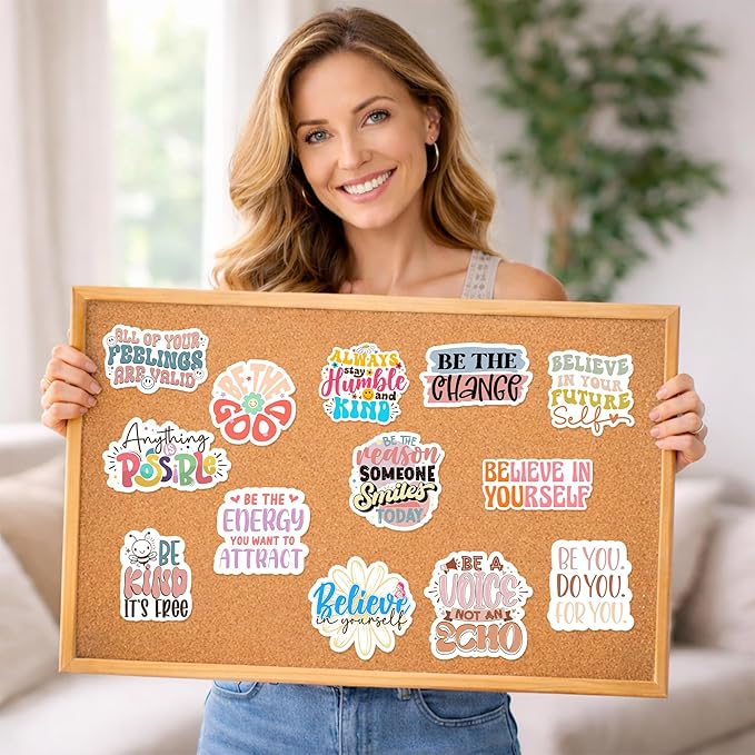 300PCS Puraesla Motivational & Affirmation Stickers – Bulk Inspirational Quote Decals with Deluxe Holographic Sparkling Effect – Waterproof PVC Vinyl Set for Vision Boards, Water Bottles, Laptops, Journals & Teacher Rewards