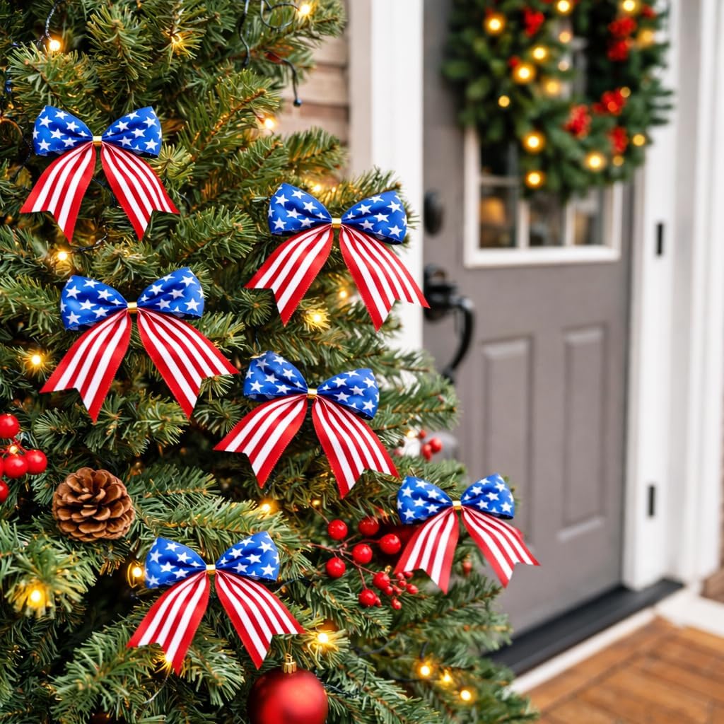 America 250th Anniversary Patriotic Bow Set – 12 Pack 6" Red White & Blue Ribbon Bows for 4th of July, Independence Day, Memorial Day Wreaths, Door & Party Decorations