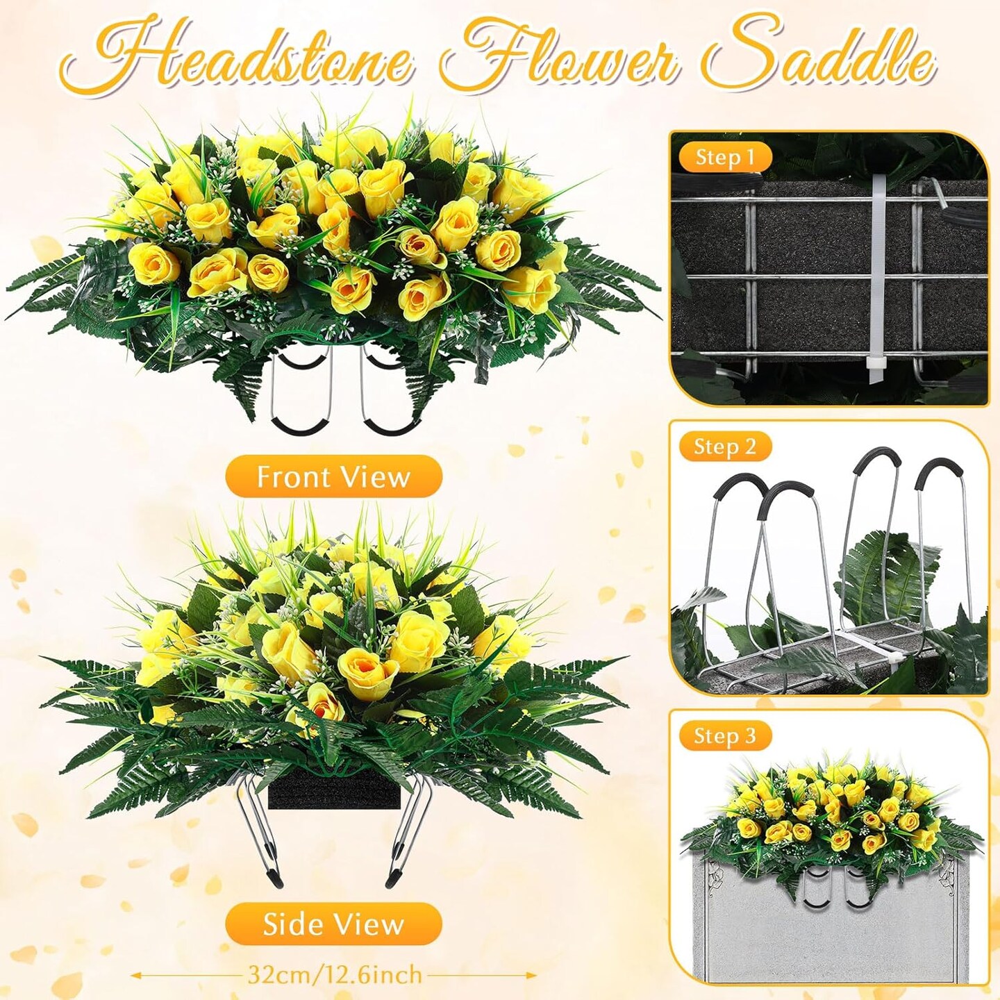 3-Piece Yellow Artificial Cemetery Flower Set - 1 Headstone Flower Saddle & 2 Matching Grave Bouquets with Vases - UV Resistant Silk Rose Memorial Decorations for Outdoor Tombstones