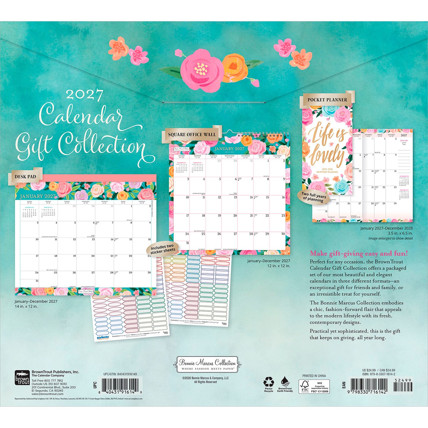 Bonnie Marcus OFFICIAL 2027 Gift Collection | Desk Pad & Wire-O Calendar & Pocket Planner | Sticker Sheet | Foil Stamped Cover