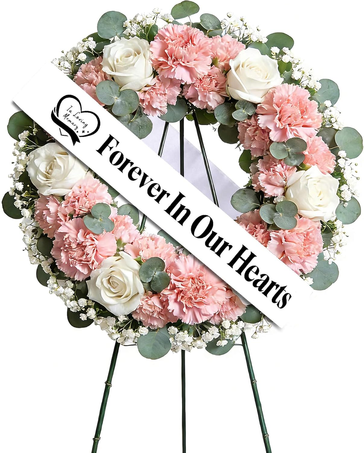 Elegant Funeral Wreath Sash – Funeral Sash Memorial Wreath Sash Funeral Ribbon Celebration,Forever in Our Hearts Memorial Ribbon for Graves & Wreaths (White)