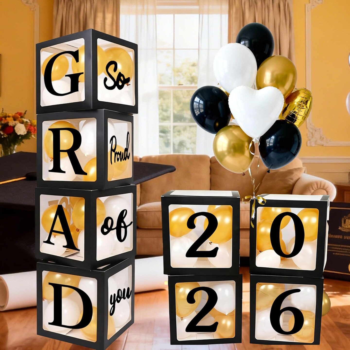 Class of 2026 Graduation Decorations – Black & Gold Balloon Boxes with 100-Piece Balloon Garland Kit, GRAD & So Proud of You Cutouts, High School & College Graduation Party Supplies Photo Backdrop