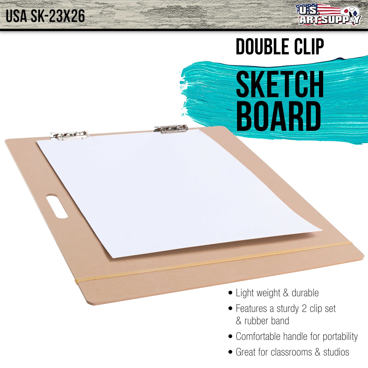 23" x 26" Artist Sketch Tote Board - Lightweight Hardboard Drawing Board with Handle, Clip & Rubber Band for Art, Sketching, Travel, Studio