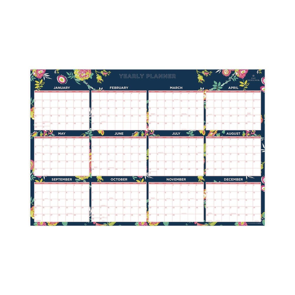 Blue Sky 36 in. x 24 in. 12-Month (Jan-Dec 2026) Day Designer Peyton Laminated Erasable Wall Calendar - White/Navy Sheets