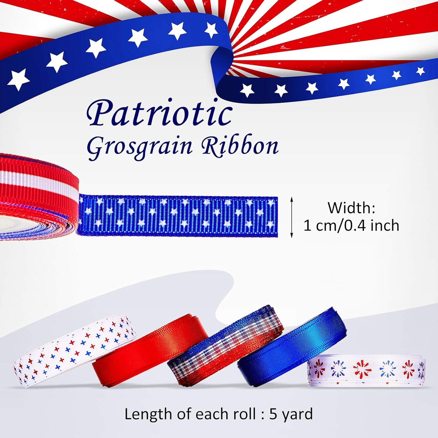 12 Rolls 4th of July Patriotic Grosgrain Ribbon Set – 60 Yards Red White & Blue Craft Ribbon (12 Styles) for Gift Wrapping, DIY Crafts, Hair Bows, Wreath Making & Decorations