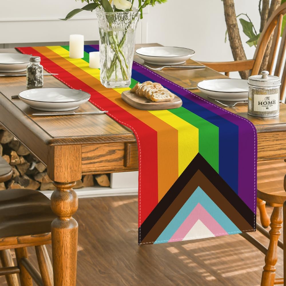 LGBT Pride Heart Table Runner, Gay Lesbian Pansexual Holiday Kitchen Dining Table Decoration for Home Party Decor 13 x 72 Inch